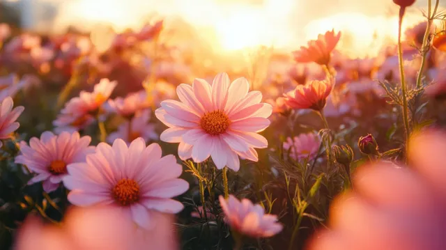 Smiling woman takes a selfie in a flower field at golden hour, warm sun flare