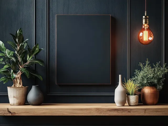 An empty square frame sits on a wooden shelf against a dark wall with potted plants and a warm hanging bulb.