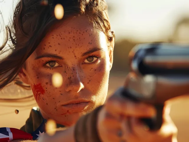 Australian double trap shooter stands ready with a shotgun as clay targets fly across a sunlit shooting range.