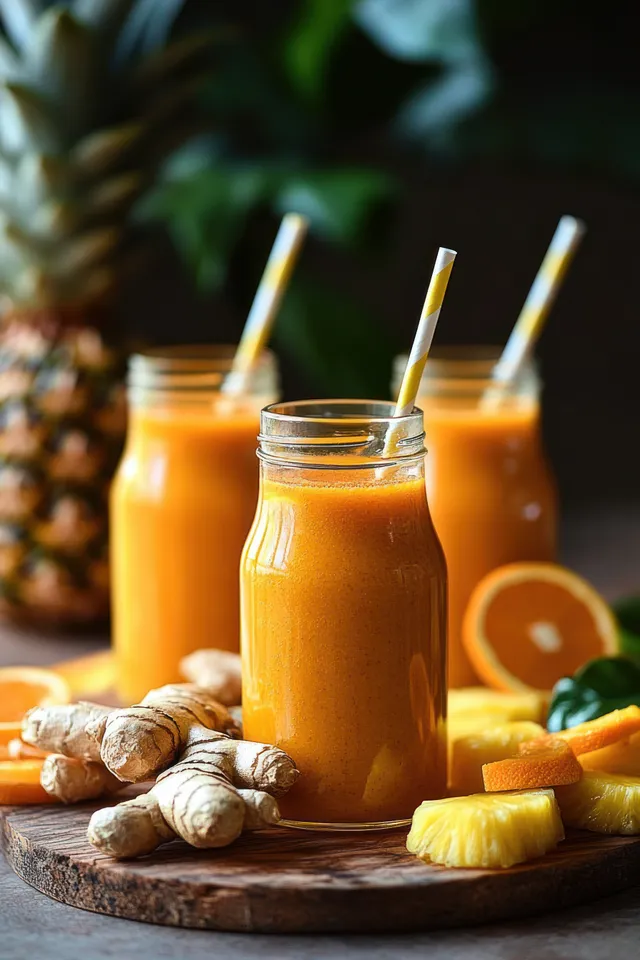 Three glass jars of orange ginger juice with striped straws on a wooden table beside ginger roots and citrus slices.