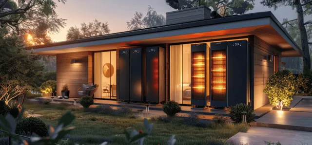 Wall-mounted residential battery backup unit on a garage exterior at dusk with glowing status lights.