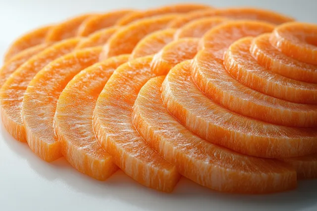 Sliced carrot rounds arranged in a neat circular stack on a white background close-up