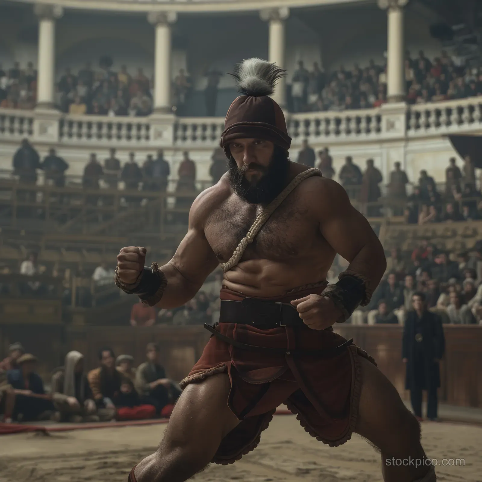 A muscular wrestler in traditional folk clothing grapples in an ancient arena as a crowd watches.