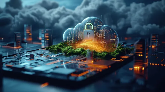 Cyberpunk cloud security platform protecting encrypted data in glowing cityscape