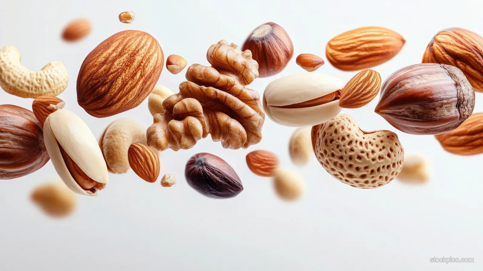 Assorted nuts including almonds, walnuts, cashews, pistachios, and hazelnuts float above a white background.
