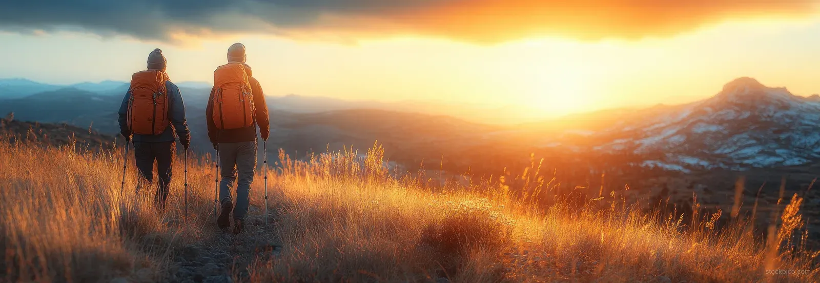 Two hikers with backpacks walk up a grassy volcanic hillside toward a glowing sunset.