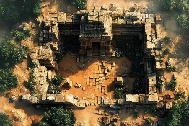 Aerial View of Ancient Temple Ruins Surrounded by Dense Greenery