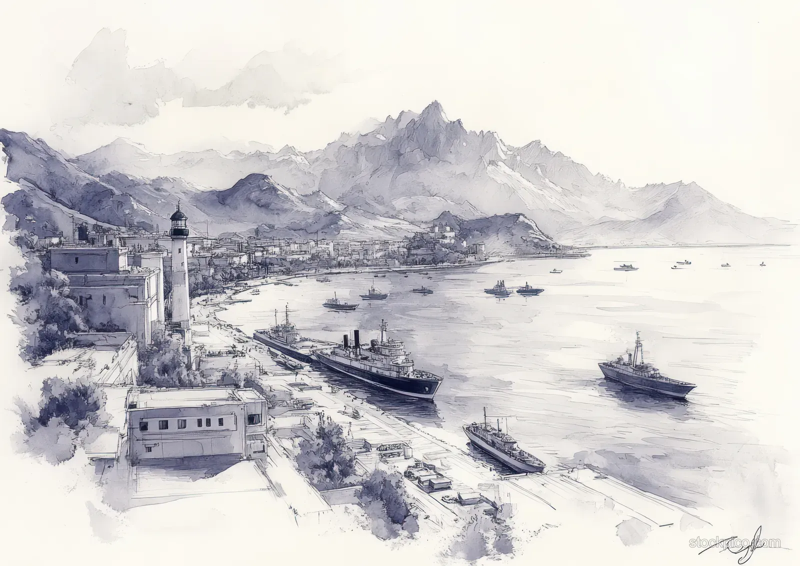 Ink and wash harbor drawing with moored boats, a lighthouse building, and distant mountains in mist.