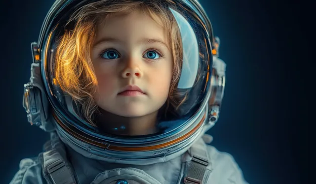 Astronaut in detailed white suit with helmet reflecting planet, drifting in dark space