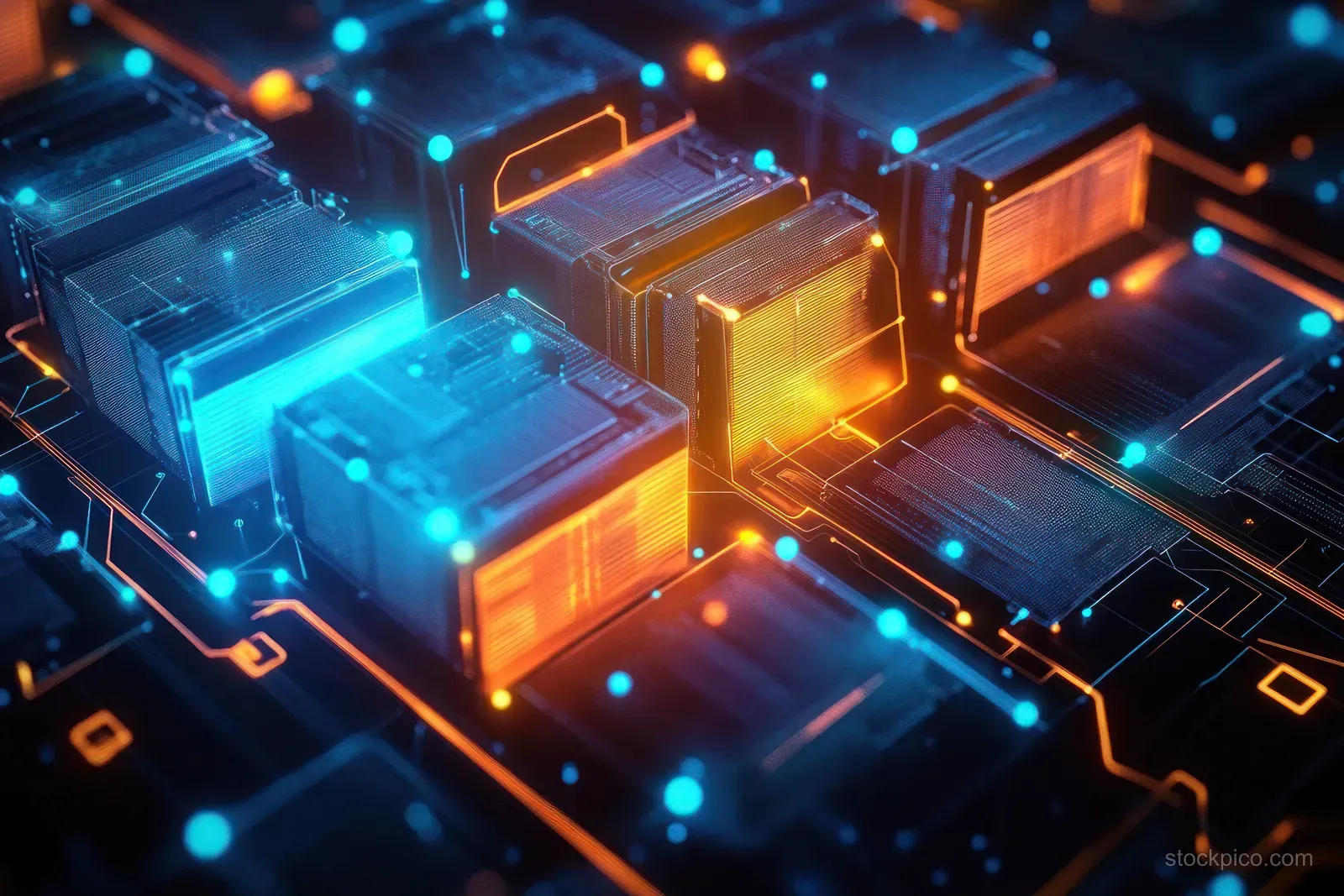Futuristic circuit board with glowing blue and orange traces connecting illuminated microchips under dark background lighting.