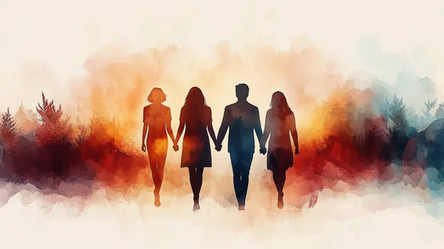 Silhouetted diverse group of people walking forward through colorful watercolor mist suggesting unity and support.