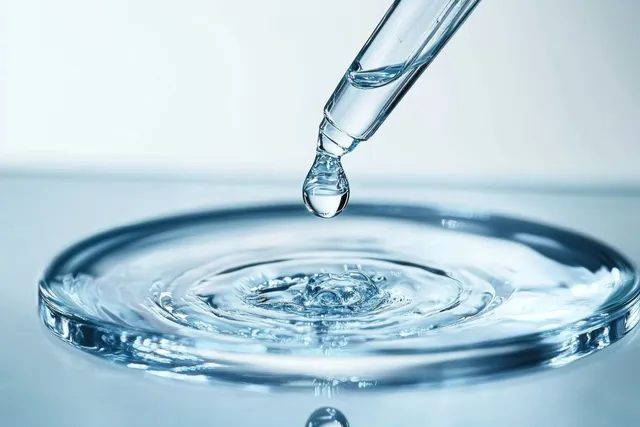 A glass pipette tip drips a water droplet onto a clear circular surface, making ripples and reflections.