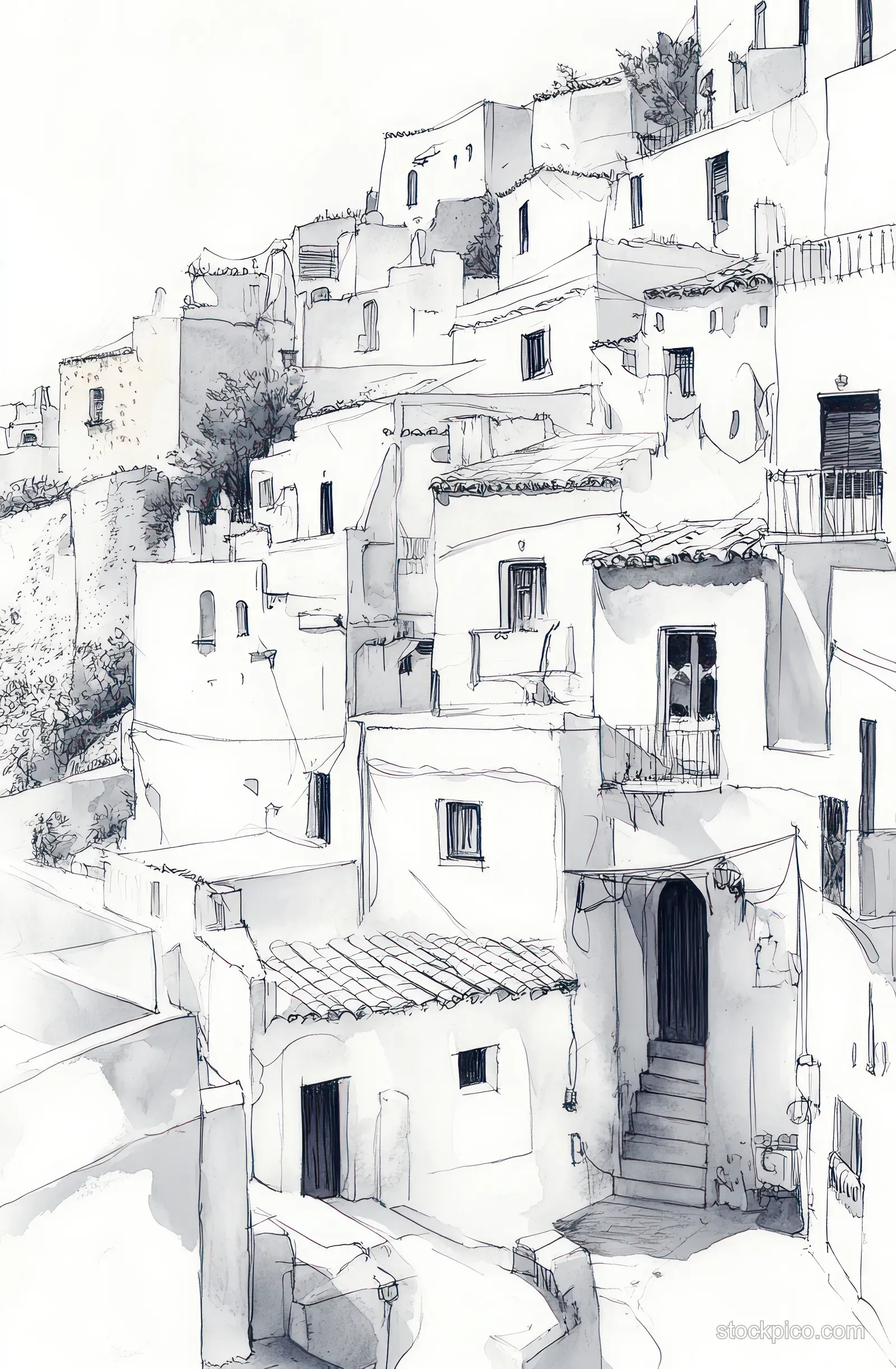 Ink sketch of white hillside buildings with balconies and a narrow stairway street under soft light.
