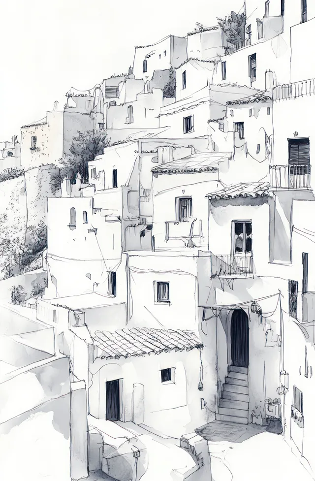 Ink sketch of white hillside buildings with balconies and a narrow stairway street under soft light.