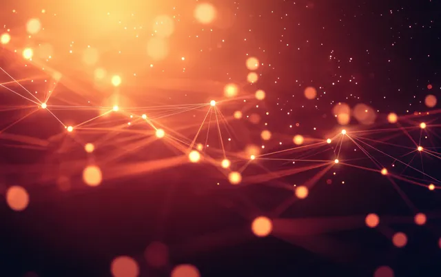 Futuristic abstract background with glowing orange and yellow lines and orbs, creating a dynamic digital network atmosphere.