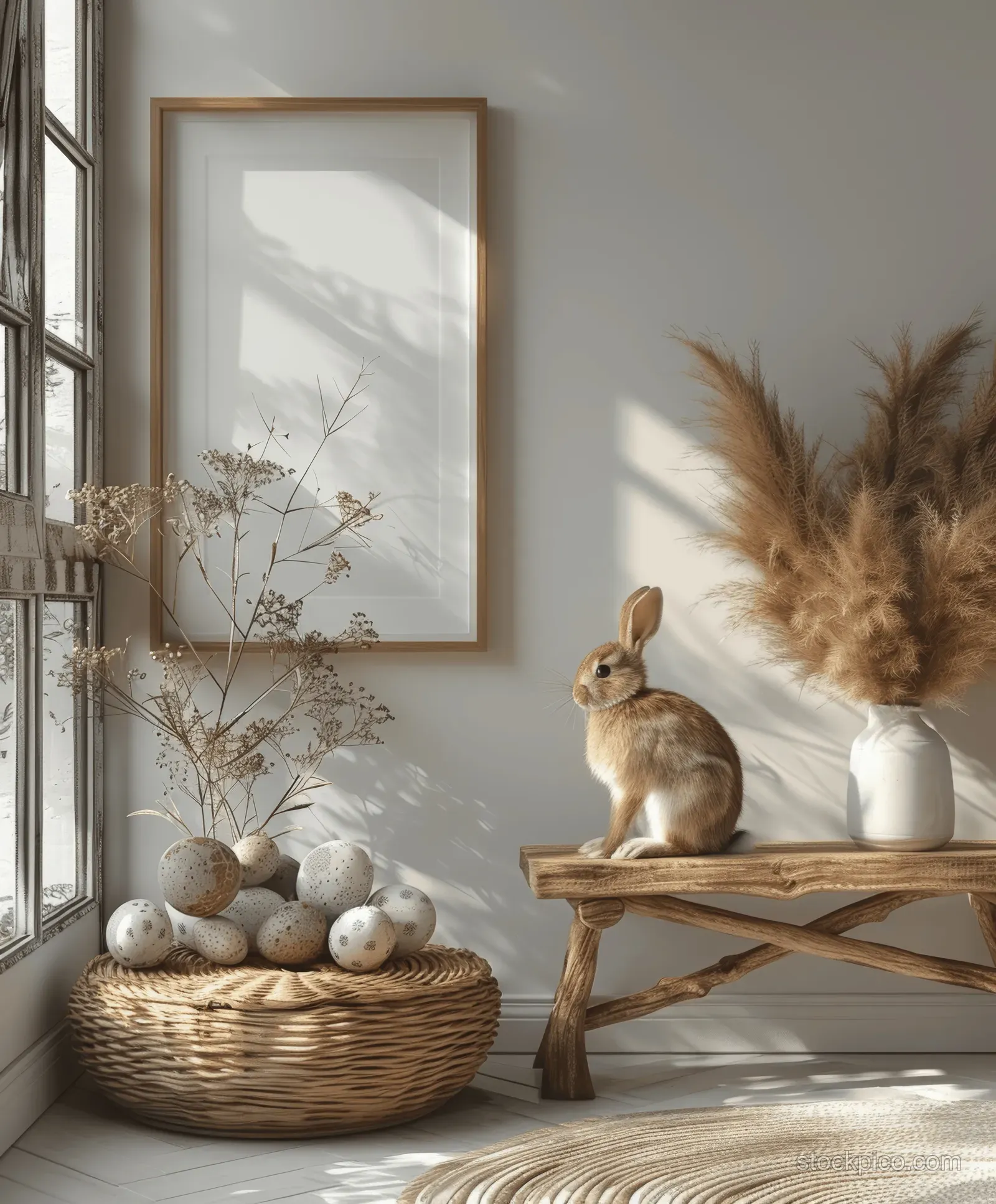 A4 frame mockup in a bright nursery with a wooden bench, Easter eggs, pampas grass, and soft neutral decor.