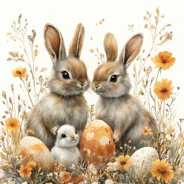 Two rabbits with a chick beside speckled eggs in soft watercolor meadow flowers