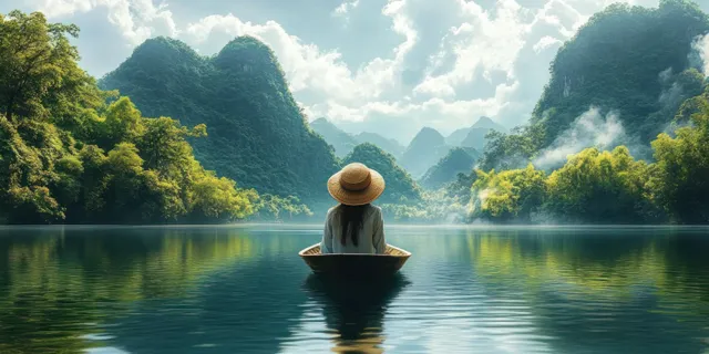 Young woman paddling a small boat with straw hat on calm tropical mountain lake