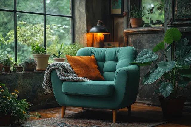 Teal armchair with an orange pillow and patterned blanket under warm lamp light beside large windows and potted plants.