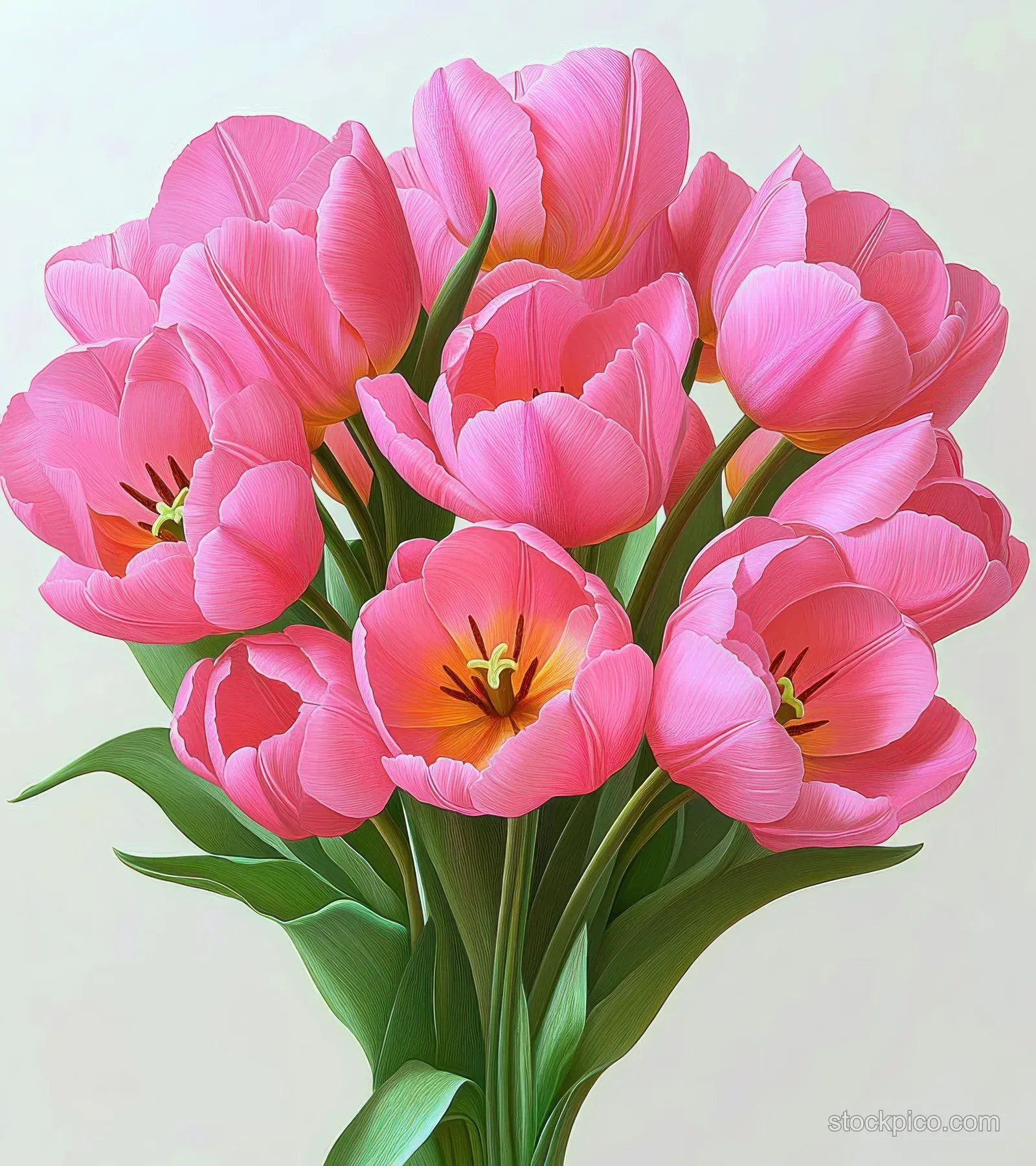 Pink tulip bouquet with green leaves arranged against a plain light background.