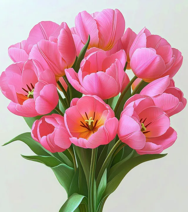 Pink tulip bouquet with green leaves arranged against a plain light background.