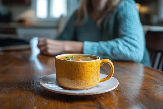 Yellow ceramic soup cup on saucer with herb garnish, person in blue sweater blurred
