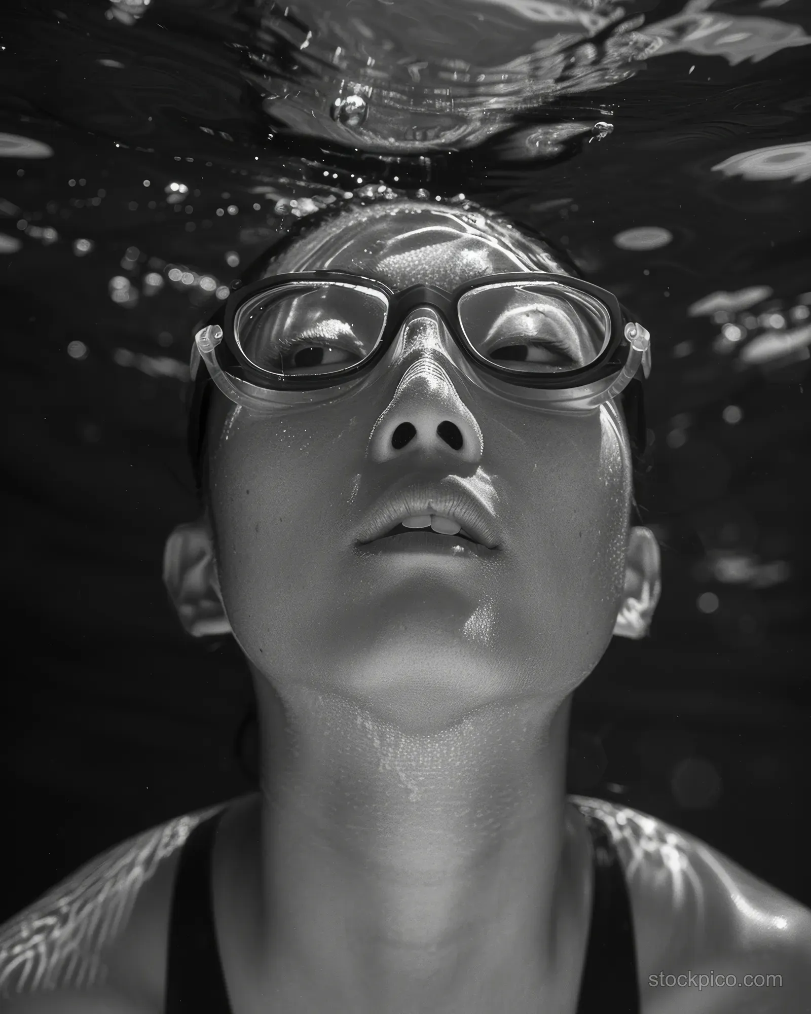 A Chinese woman prepares for a butterfly dive at the pool water surface with droplets and intense focus in black and white.
