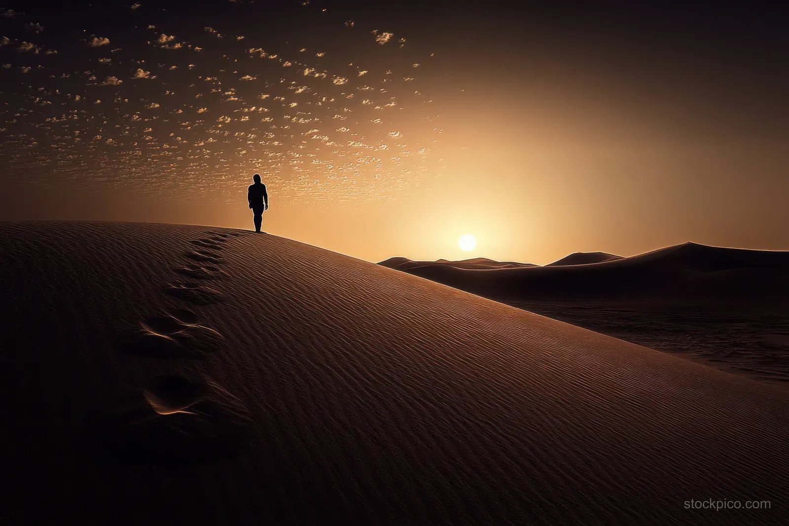 A silhouetted person walks over a sand dune at sunset with golden light and long shadows across the desert.