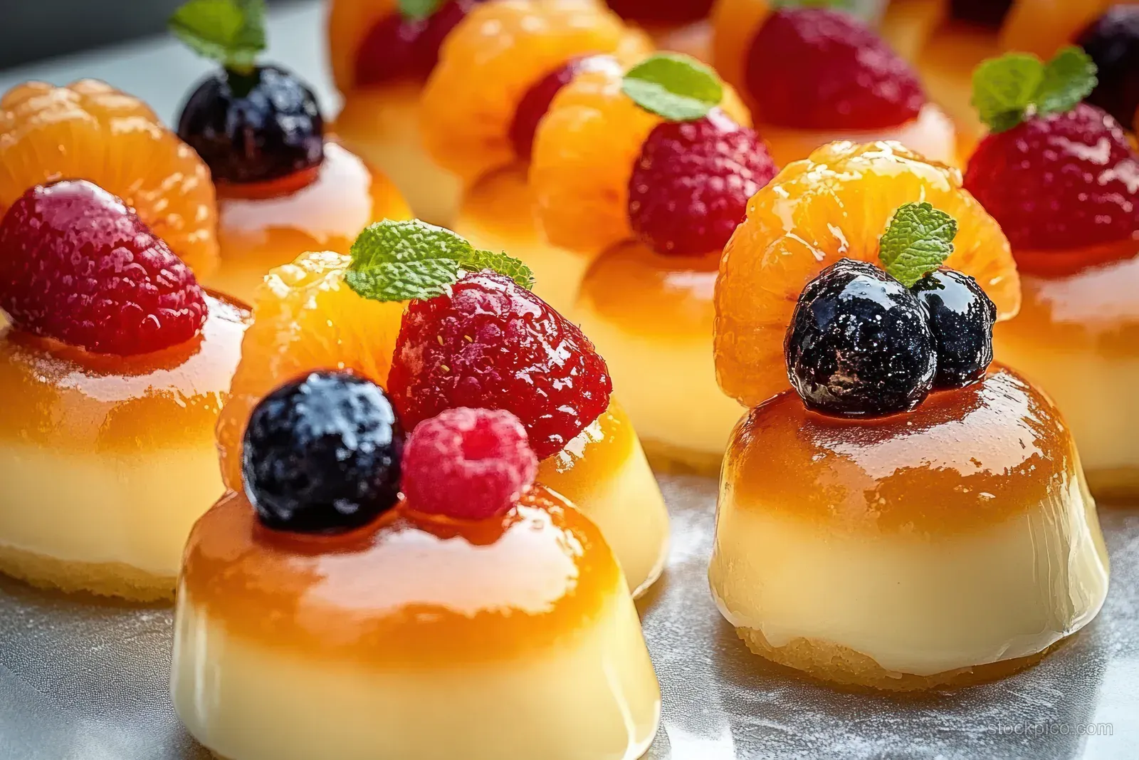 Close-up of cream puffs topped with kiwi, strawberries, and blueberries on a bakery display tray.