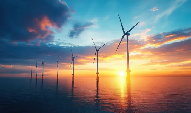 Offshore wind turbines stand in calm water under a colorful sunset sky.