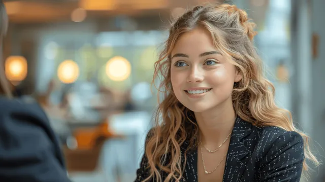 A smiling blonde woman sits indoors in a cafe with warm lights and a softly blurred background.