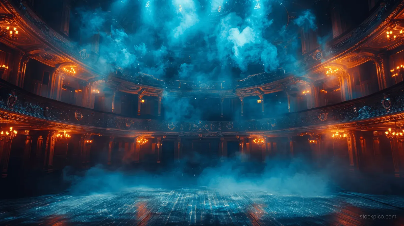An empty opera house stage with blue smoke and warm amber lights around the balconies.