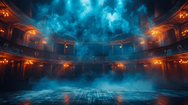 Empty opera house stage glowing with blue smoke and amber spotlights