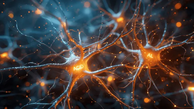 Glowing neuron branches connect across a dark background with orange and blue signal pathways.