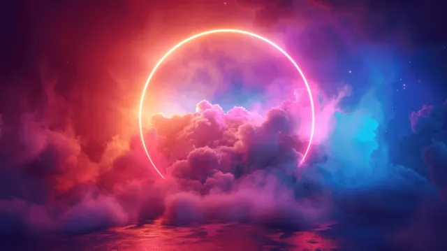 Neon light ring glowing around colorful smoke clouds in a dark space scene.