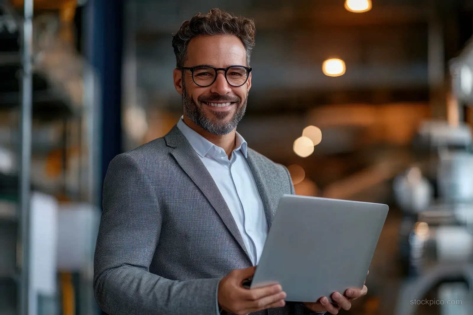 A confident middle-aged man with glasses smiles while holding a tablet in a warmly lit modern office.