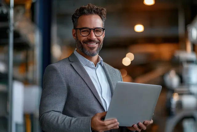 Confident middle-aged man with glasses smiling while holding a tablet in office