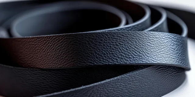 Coiled black leather strips in close-up, showing detailed grain texture and curved folds.