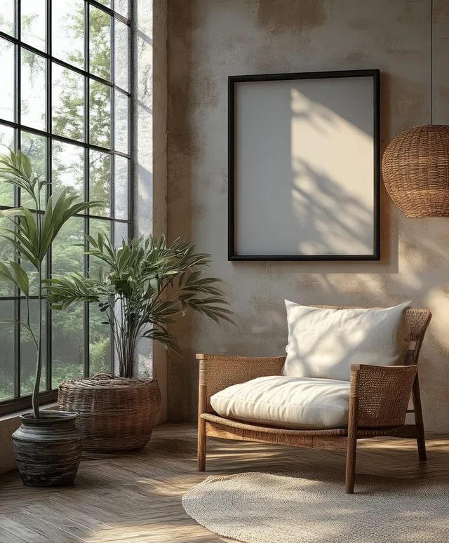 Minimalist black-framed wall picture above a wooden bench, with plants and strong sunlight casting sharp shadows from a window.