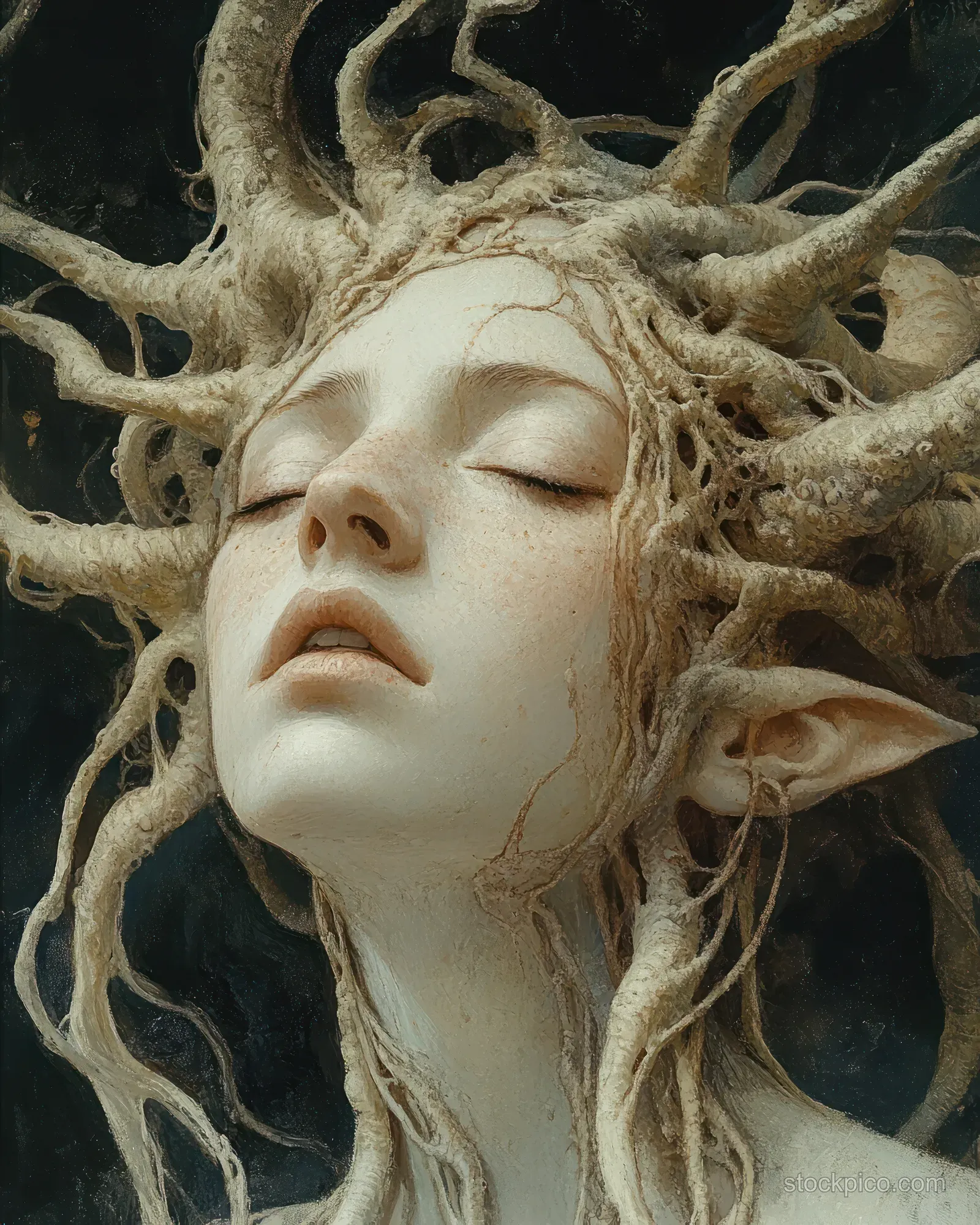 A sleeping woman’s face is intertwined with root-like tendrils that emerge from her head.