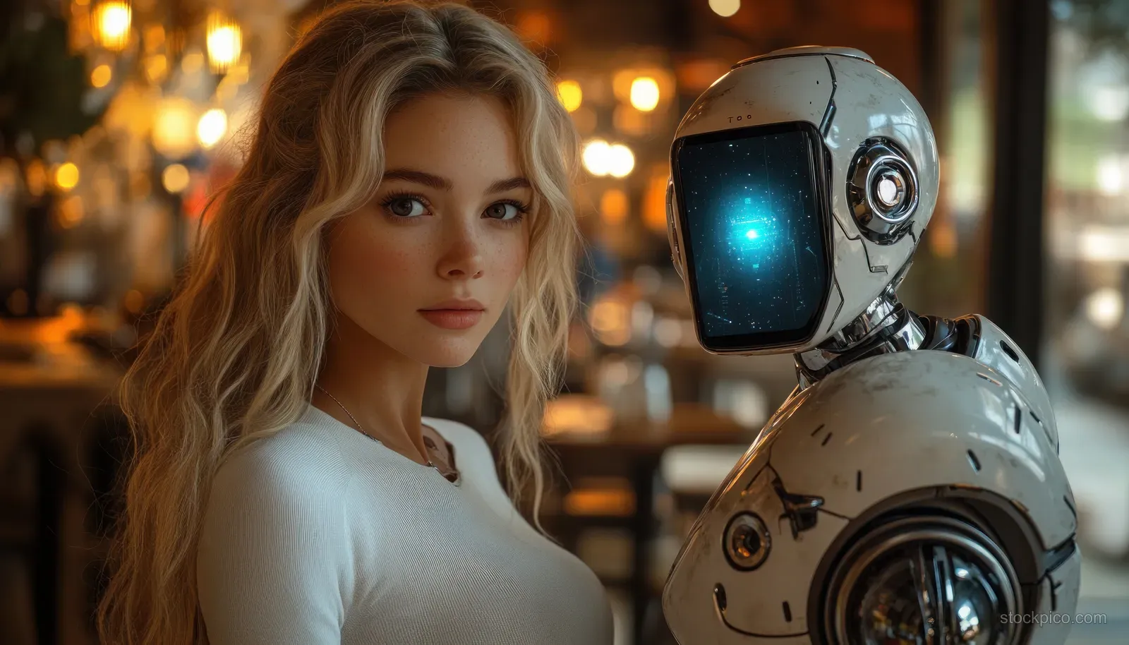 A blonde woman sits beside an AI robot in a warmly lit cafe with blurred lights in the background.