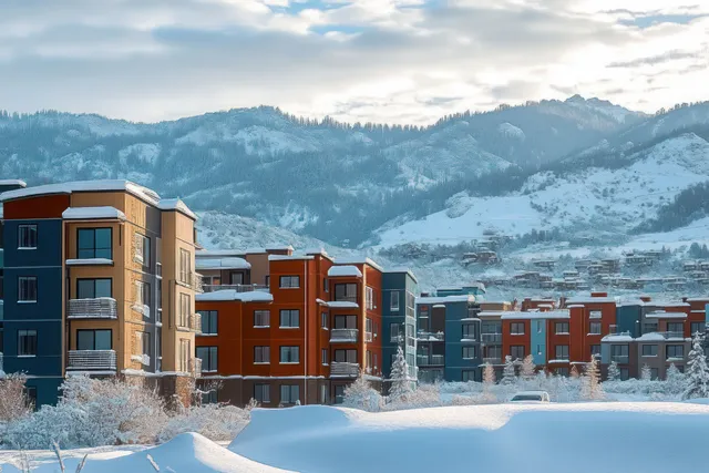 Modern apartment buildings stand on snowy ground with trees and a mountain range under cloudy winter sky.