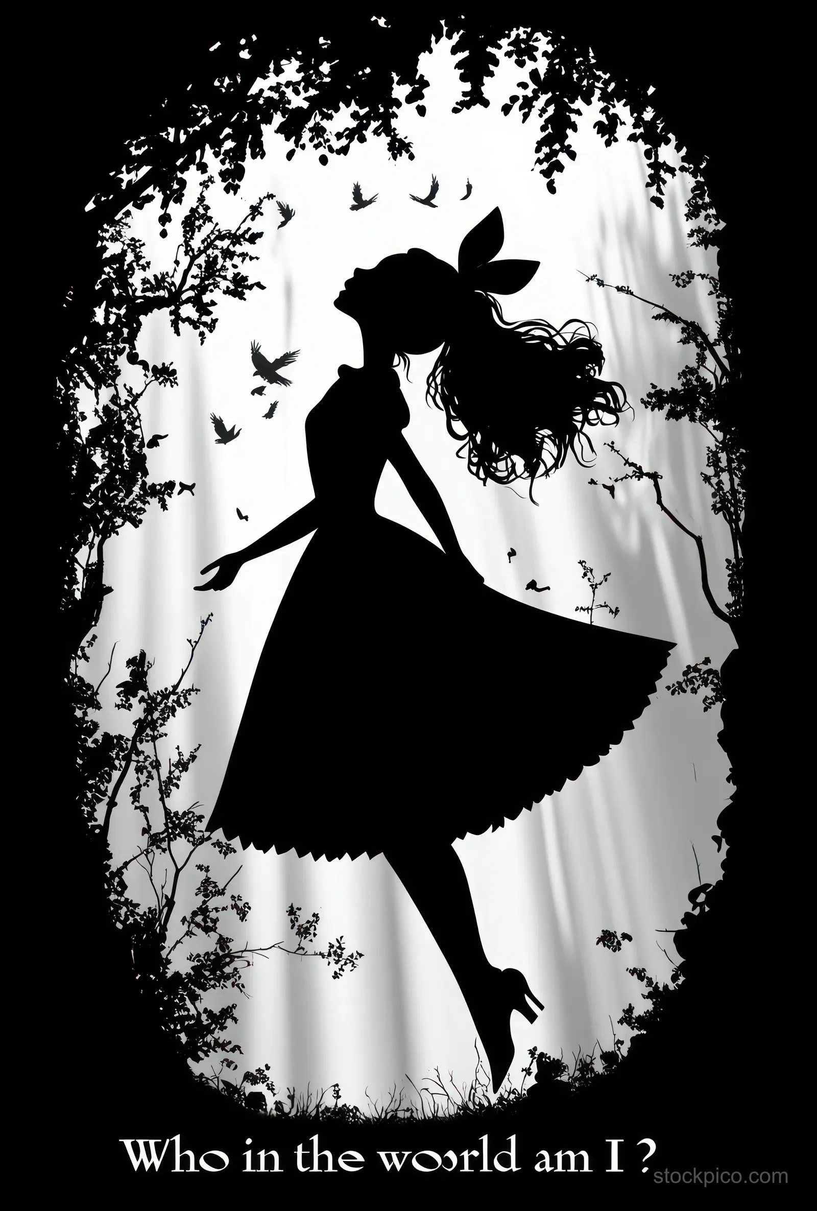 Silhouette of a girl with flowing hair and bow, surrounded by tree branches and birds in a circular frame.