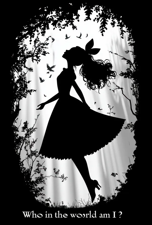 Silhouette girl in a flowing dress with bow, standing among birds and branches.