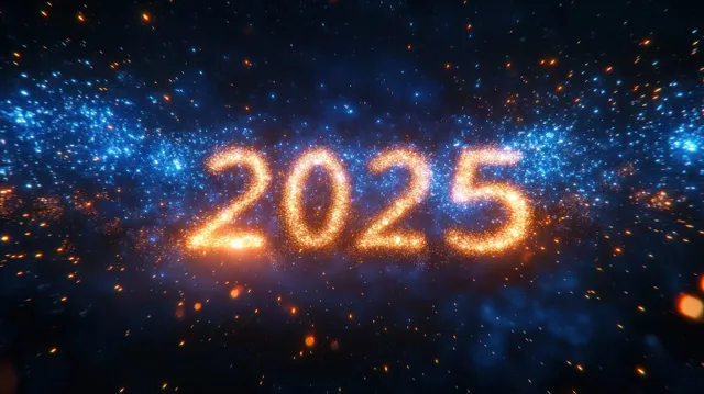 Glowing 2025 numbers made of blue and gold fireworks over a dark night sky