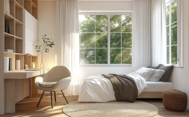 Sunlit minimalist bedroom interior with a single bed, white curtains, wood shelves, and a soft gray rug.