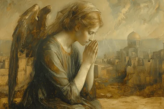Maria ajoelha-se em oração com as mãos entrelaçadas enquanto asas de anjo a emolduram, com edifícios de Jerusalém ao fundo.