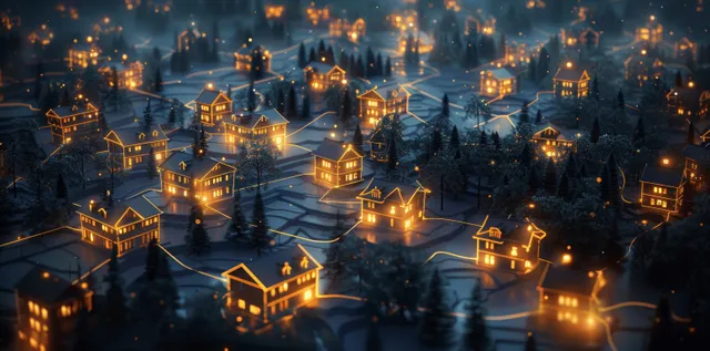 Aerial view of glowing smart houses connected by light data lines over a night landscape.