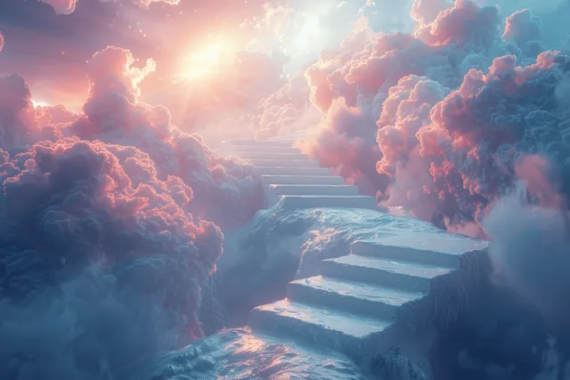 A glowing staircase rises above fluffy clouds as golden sun rays stream through the sky.