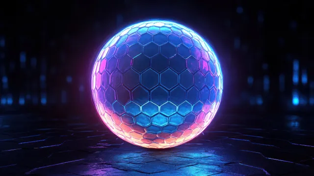 Glowing hexagonal cyber sphere protecting a digital network with neon shield edge